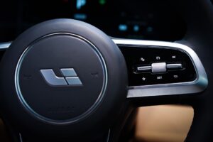 a close up of a car steering wheel